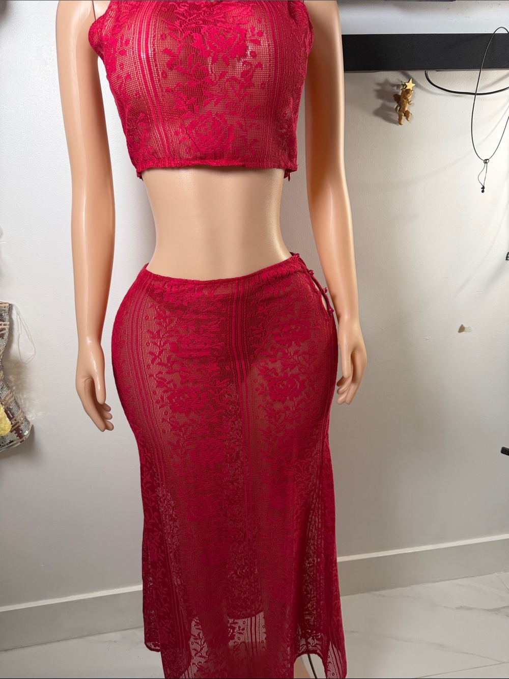 Red Lace Maxi Skirt - Women's Elegant Sheer Design